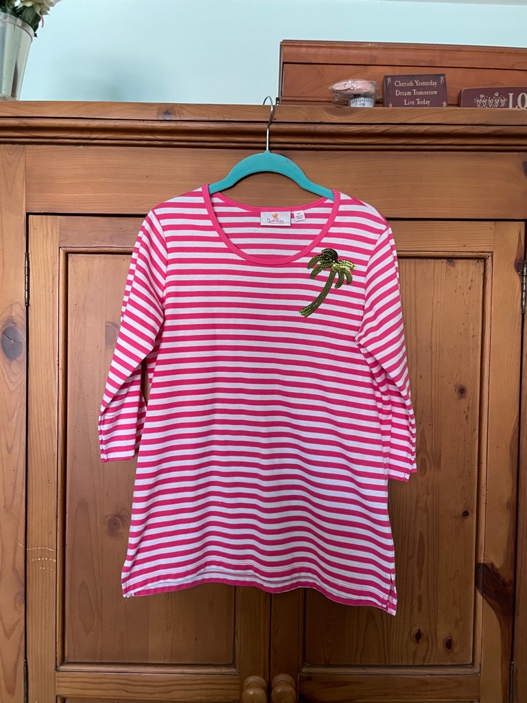 Quacker Factory Pink & White Striped 3/4 Sleeve Tee With Sequin Palm Tree